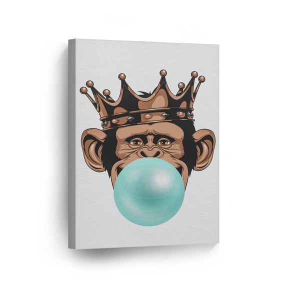 Smile Art Design Funny King Monkey Gorilla with Crown Animal Bubble Gum Art Teal Blue Chewing Gum CANVAS PRINT Wall Art Home Decor Pop Art Kids and Living Room Made in USA 40x30