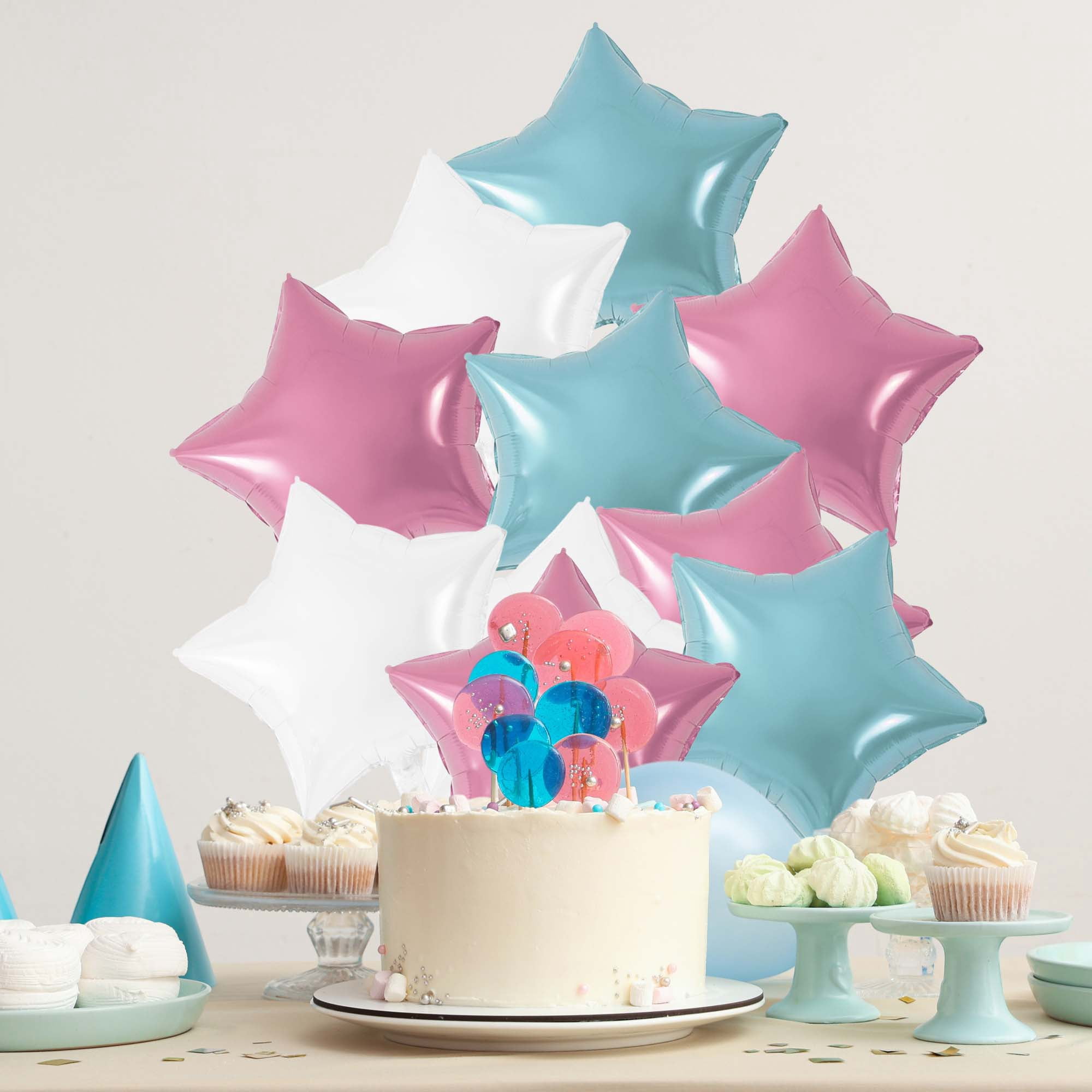 Unique Bargains 10Pcs Helium Balloons with Ribbon Star Pattern Pink Light Blue White