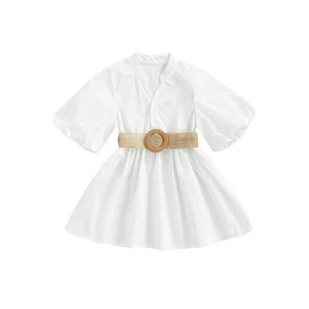 

Toddler Baby Girls Princess Dress Solid Color Short Puff Sleeve Summer Casual Button Dress with Belt