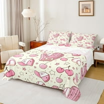 Manfei Cartoon Baseball Glove Twin Sheet Sets, Yellow Pink Twin Fitted Sheet, Kawaii Stars Cherry Print Flat Sheet, Lightweight Room Decor, 3-Piece