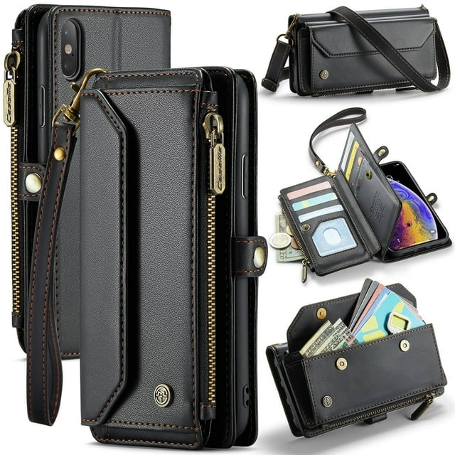 Funda tipo cartera para iPhone XS Max con bloqueo RFID, tarjetero, cremallera y ranura para billetes, correa de hombro magnética de piel sintética suave para mujer