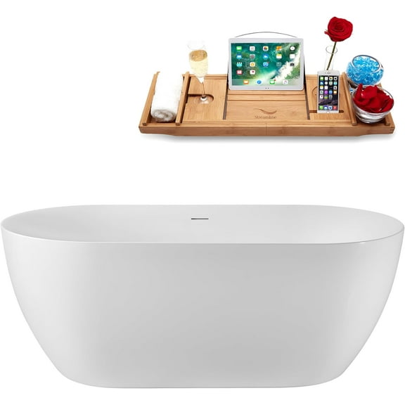 59" Streamline G-39-190-BBR Soaking Glossy White Freestanding Tub and Tray With Internal Drain in Brushed Brass