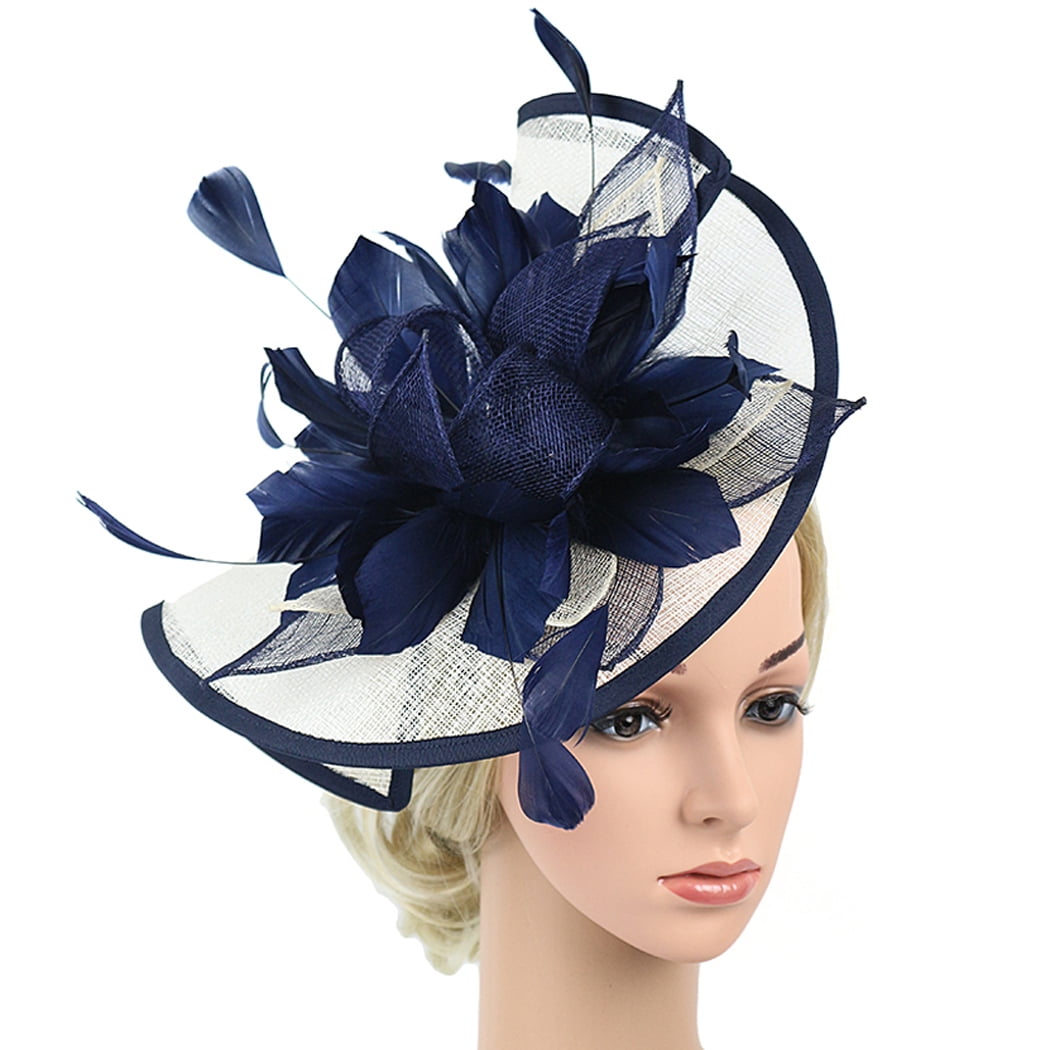 Womens Hair Fascinator Vintage Mesh Feather Hair Accessories Ornaments for Cocktail Tea Party Navy Blue