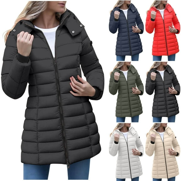jtjvou Women's Packable Puffer Jacket - Lightweight Winter Warm Long Quilted Puffer Coat with Detachable Hood Green L