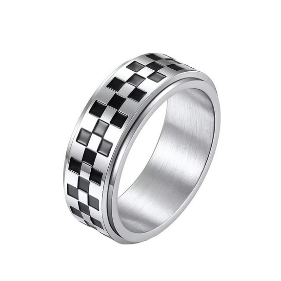 PAMTIER Unisex Stainless Steel 8mm Simple Irregular Black and White Checkerboard Pattern Rotatable Signet Ring Anxiety Matching Set Silver Size 9