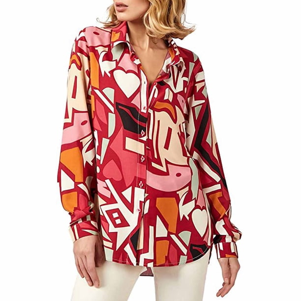 Blusa estampada de manga larga con botones sueltos en la parte superior de solapa casual de moda para mujer Fridja bvmnju7541