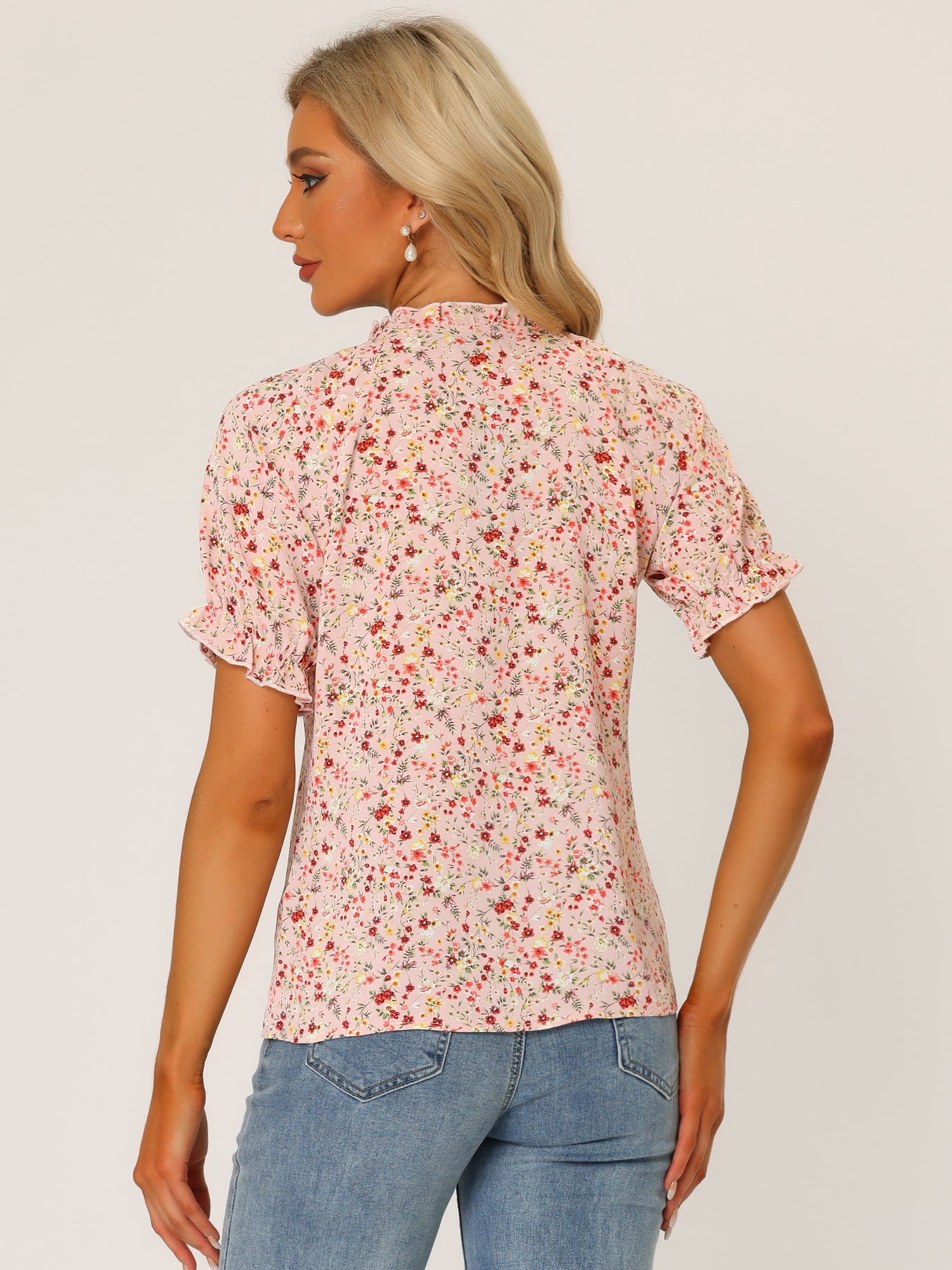 DARING DIVA Women's Floral Ruffled Neck Short Sleeves Top Blouse M Light Pink