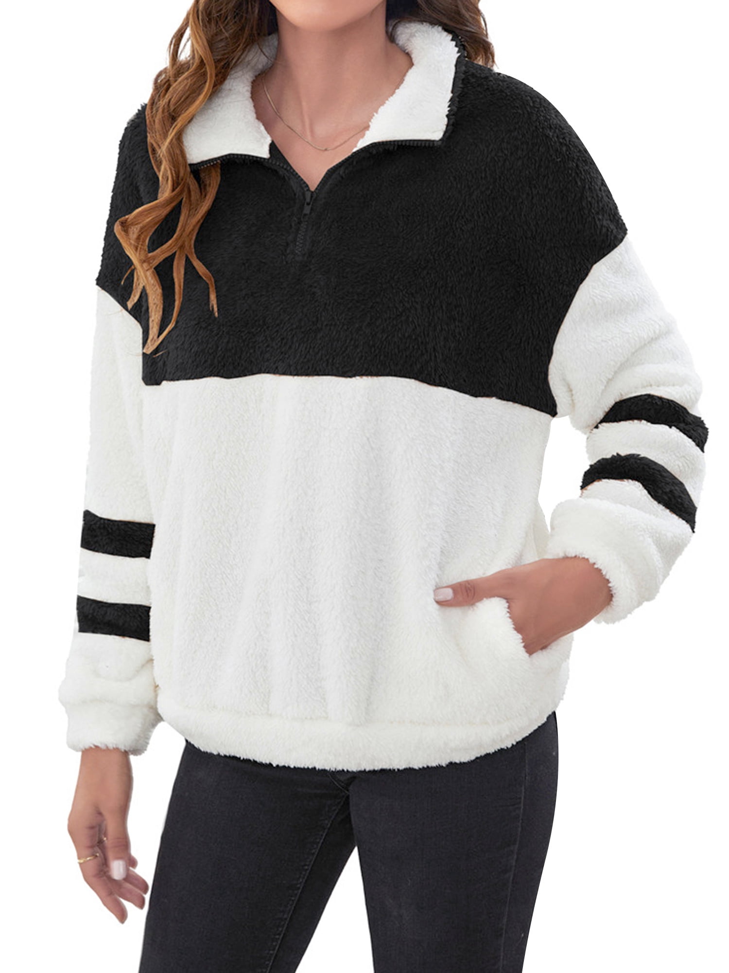 HUBERY Women Lapel Collar Long Sleeve Color Block Zipper Fuzzy