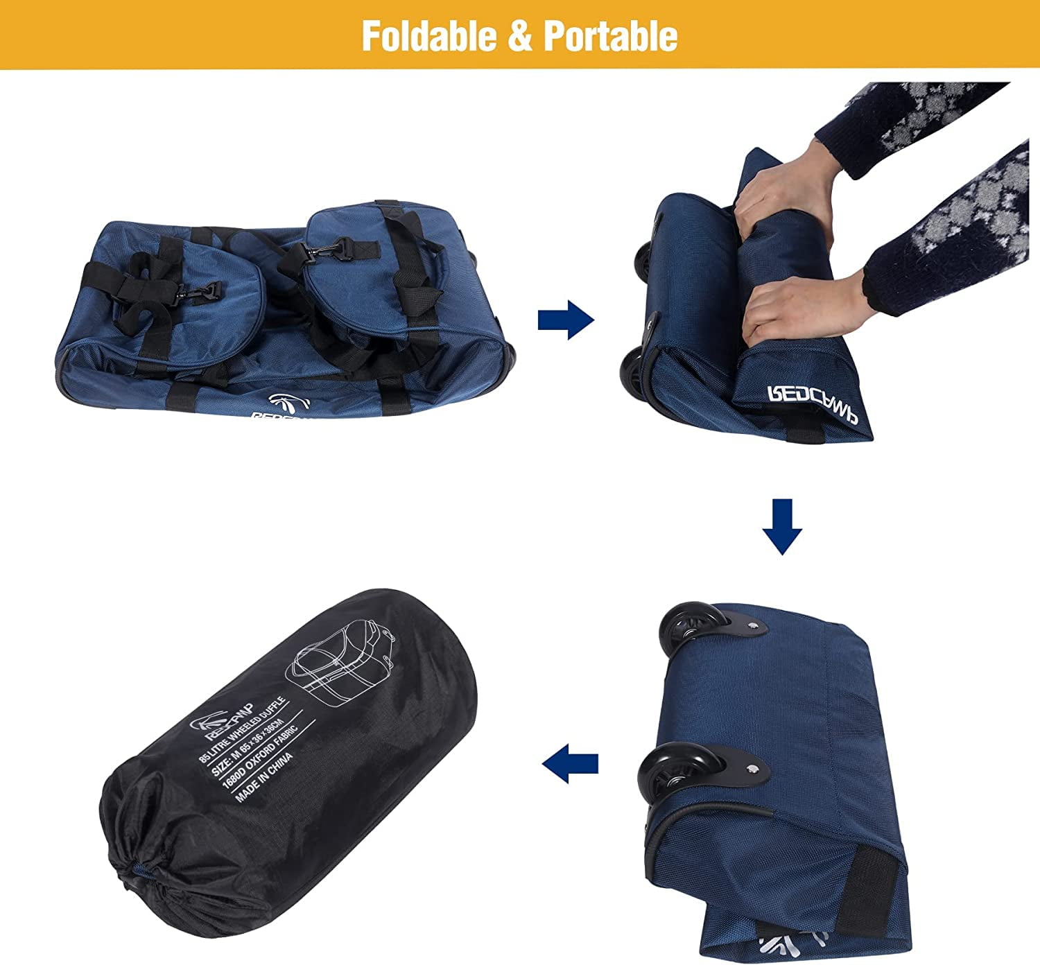 REDCAMP 85L Foldable Duffle Bag with Wheels 26", 1680D Oxford Collapsible Large Duffel Bag with Rollers for Camping Travel Gear, Navy