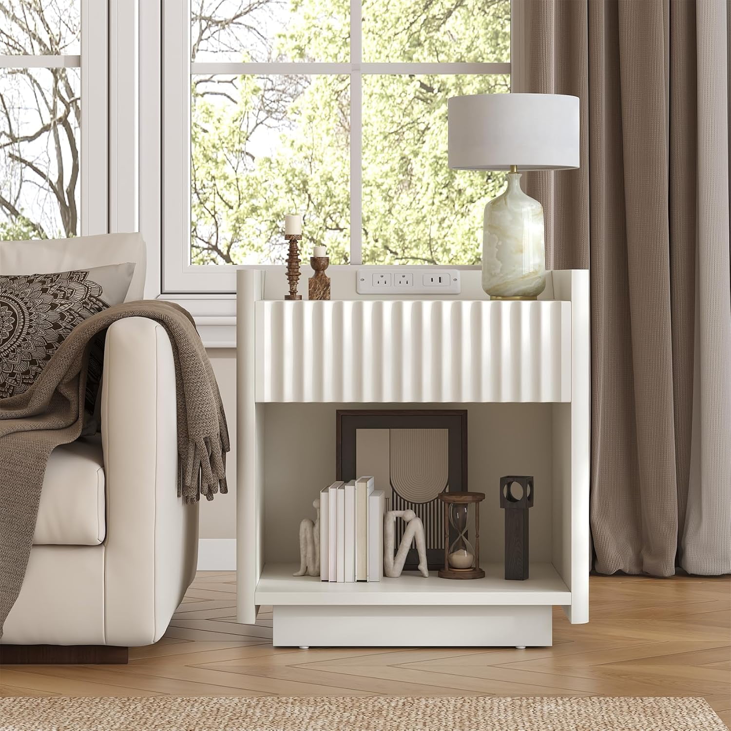 Winkalon Fluted Nightstands for Bedroom, Farmhouse Bedside Tables with Drawer & Open Shelf, Wood End Table for Living Room,White