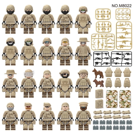 20 Pcs City Police Action Figures Building Blocks, Military Army Soldiers Mini Action Figures with Combat Equipment and Dogs Military Assembled Toys for Kids Gift(Brown)