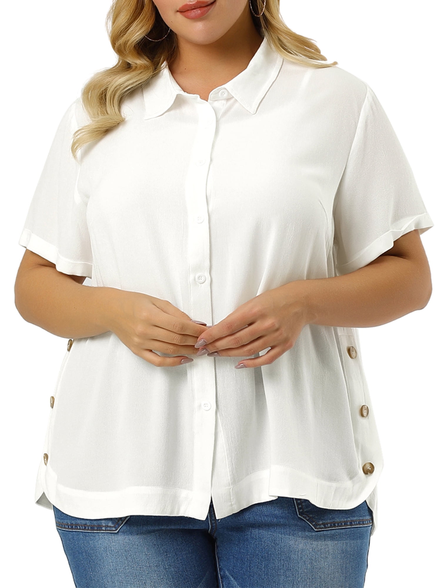 Unique Bargains Women's Plus Size Turndown Collar Short