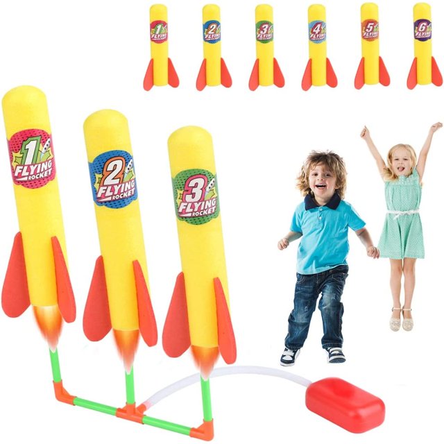 Juguete cohete para niños, juguete de presión de aire con 6 cohetes de espuma, juguete para exteriores y juego de jardín al aire libre, regalos de juguetes para niños niñas de 3 4 5 6-12 años...
