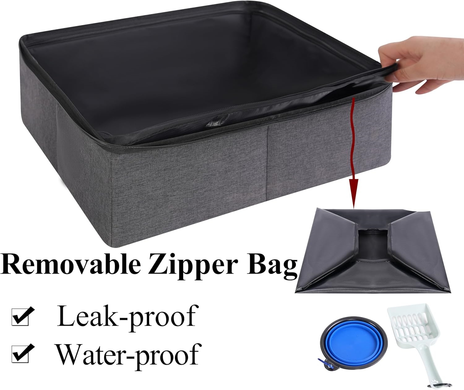 Portable Cat Travel Litter Box with Zipped Waterproof Bag,Collapsible Litter Carrier for Cat with Zipped Lid and Handle, No Leakage, No Smell, Easy to Carry and Use in Hotels, Car Black