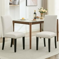 EcoSummer Set of 2 Upholstered Dining Chairs with Nailhead Trim, Padded Seat & Wood Legs – Beige Linen, Modern Vintage Dining Room Chairs