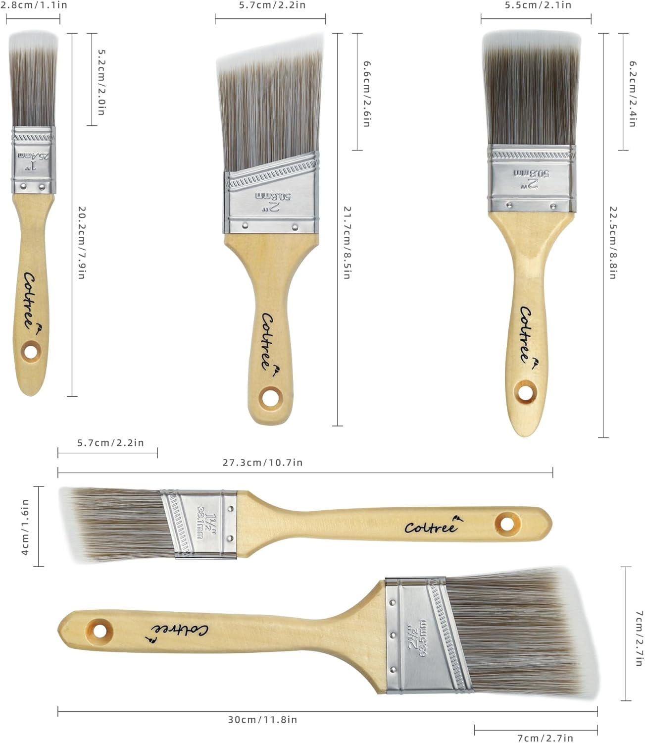 Paint Brushes Set - 5 Pcs Flat & Angle Paintbrushes for Wall & Trim, Suitable for Oil & Water-Based Paints, Stains