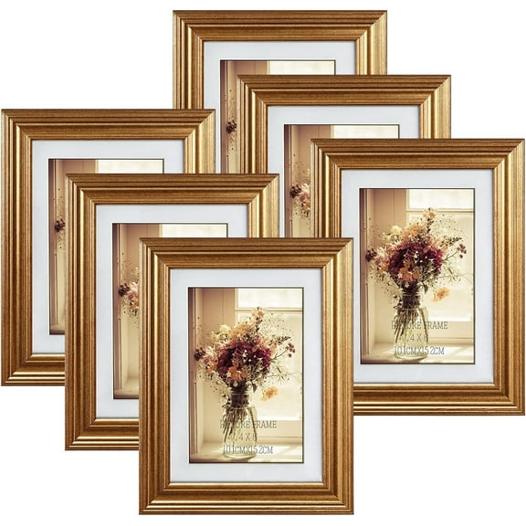 Gold 6 Pack 4x6 Picture Frames , Display Pictures 4x6 with Mat or 5x7 Without Mat Set of 6, Photo Frames for Table Top,Wall Mounted