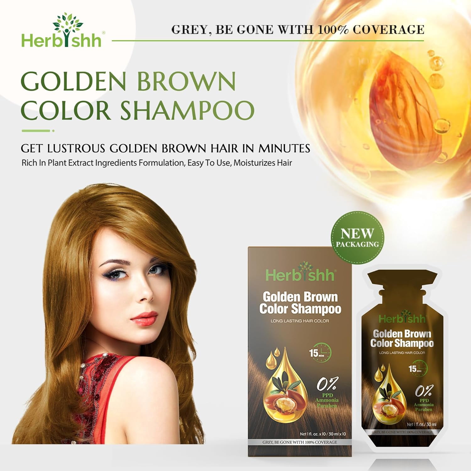 Herbishh Golden Brown PPD-Free Shampoo for Gray Hair, Travel-friendly Hair Dye Shampoo 3 in 1, 100% Gray Coverage, Permanent Hair Color for Men & Women, Ammonia-free, 30 ml