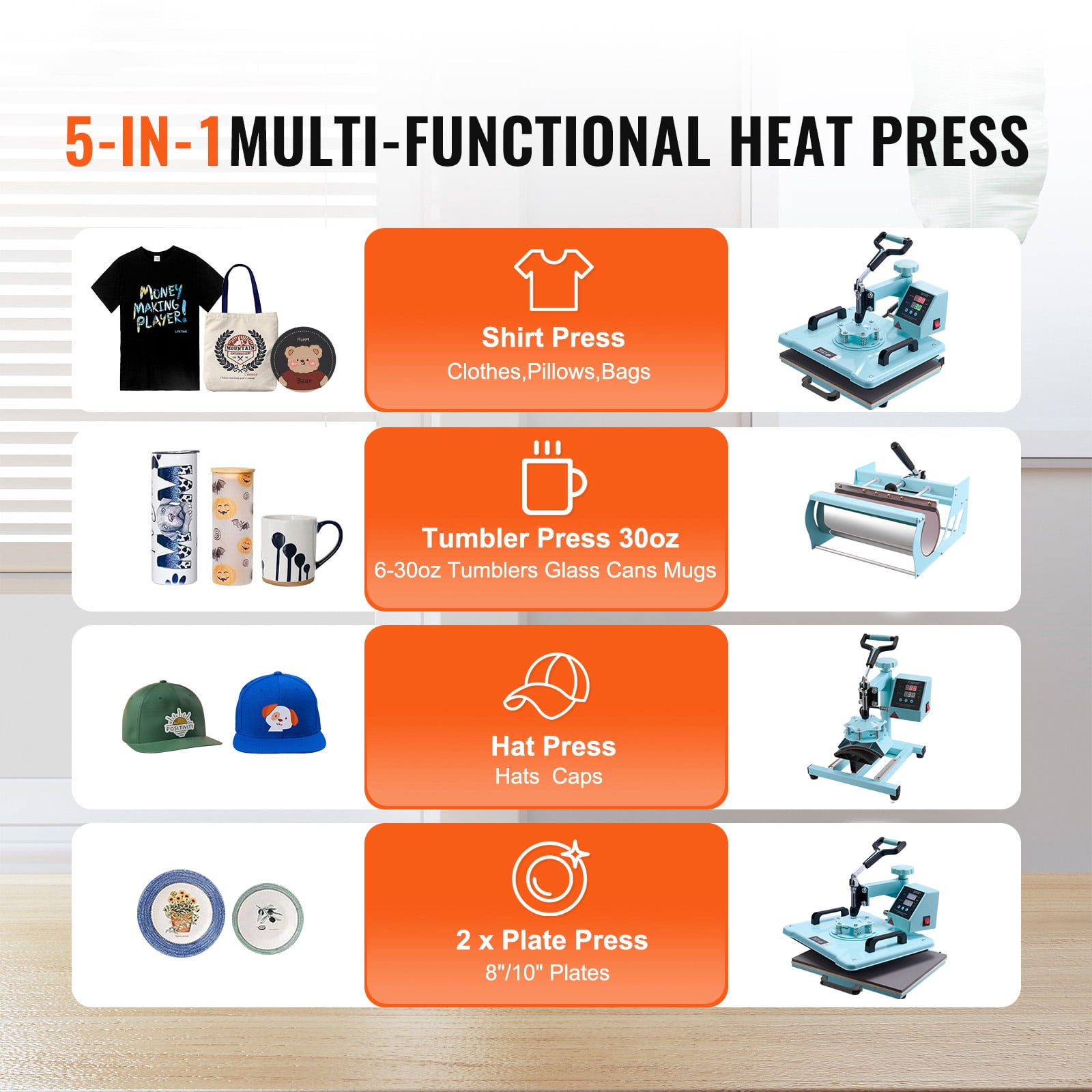 SKYSHALO Heat Press, 12x15 inch, 8-in-1 Transfer Tool, Includes 6-30 oz Cup Press, 360° Rotatable T-Shirt Application, Accurate Digital Settings, for Apparel/Mugs/Caps/Dishes, Green