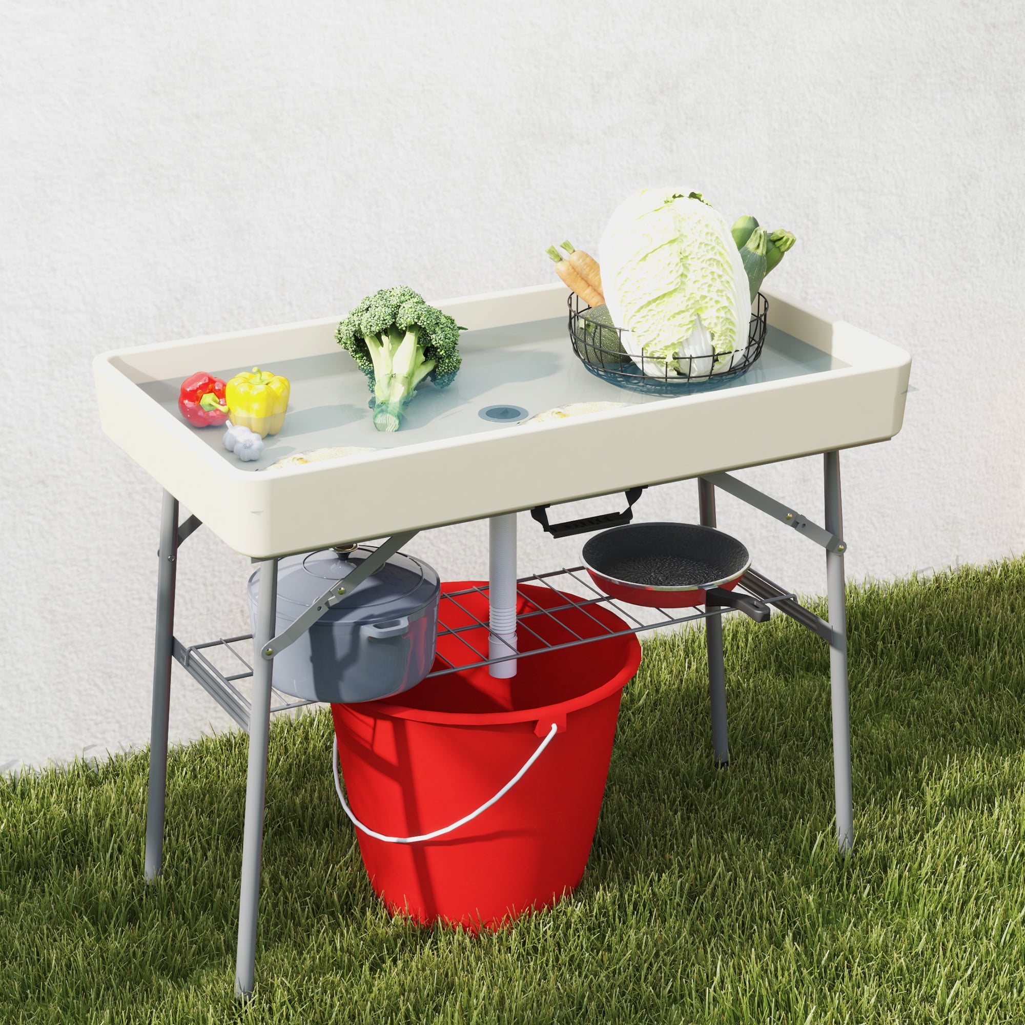 Outsunny 3.4ft Folding Ice Cooler Table with Drain, Fill and Chill Table with Storage Shelf, Drink Cooler for Parties Picnic BBQ Camping Wedding Tan