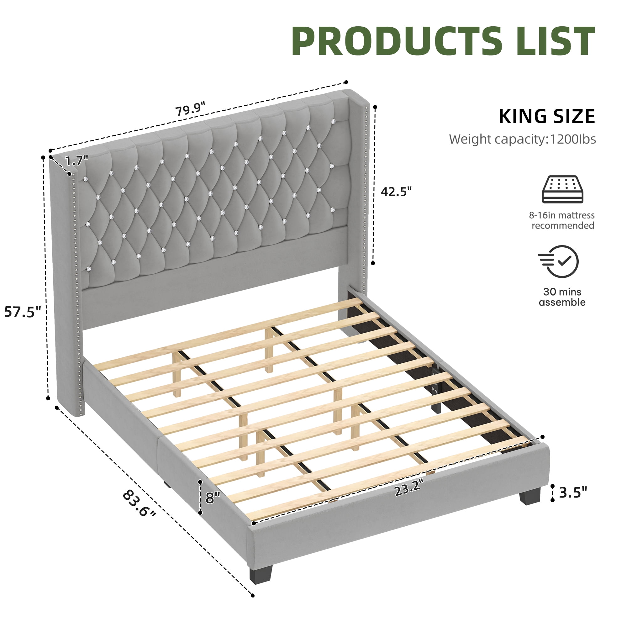 Uforic King Wingback Bed Frame with 58" Tall Headboard and USB Charging Stations, Tufted Velvet Upholstered Platform Bed, Easy Assembly, Gray