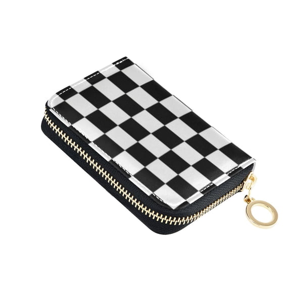 Leather Card Holder Wallet with Zipper RFID Blocking 9 Card Slots 2 Coin Pockets Compact Pocket Size Black and White Checkered