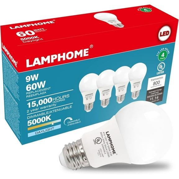 4-Pack Daylight White LED Bulbs - Brighten Your Bedroom & Living Room, 60W Equivalent, 5000K, 9W, 15000-Hour Life, E26 Base