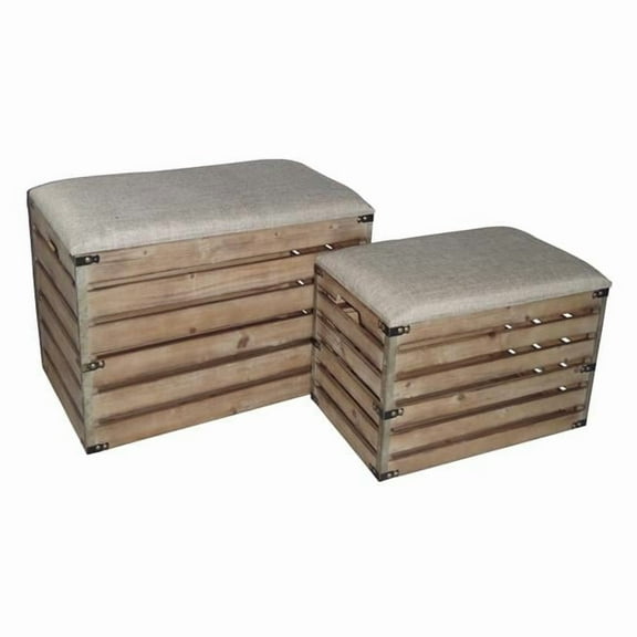 Cheungs 4935-2 Rectangular Wood Slat Storage Bench with Metal Accent & Cushioned Lid - Set of 2