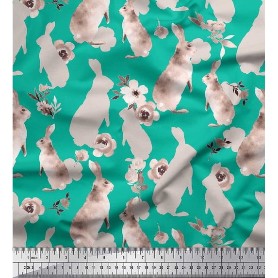 Soimoi Poly Georgette Fabric Floral & Rabbit Kids Print Fabric by The Yard 52 Inch Wide