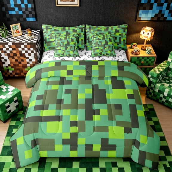 Meiyoeat Pixelated Blocks Miners Queen Bedding 7pcs, Retro Geometric Camo Bedding Comforter Set Queen for Bedroom