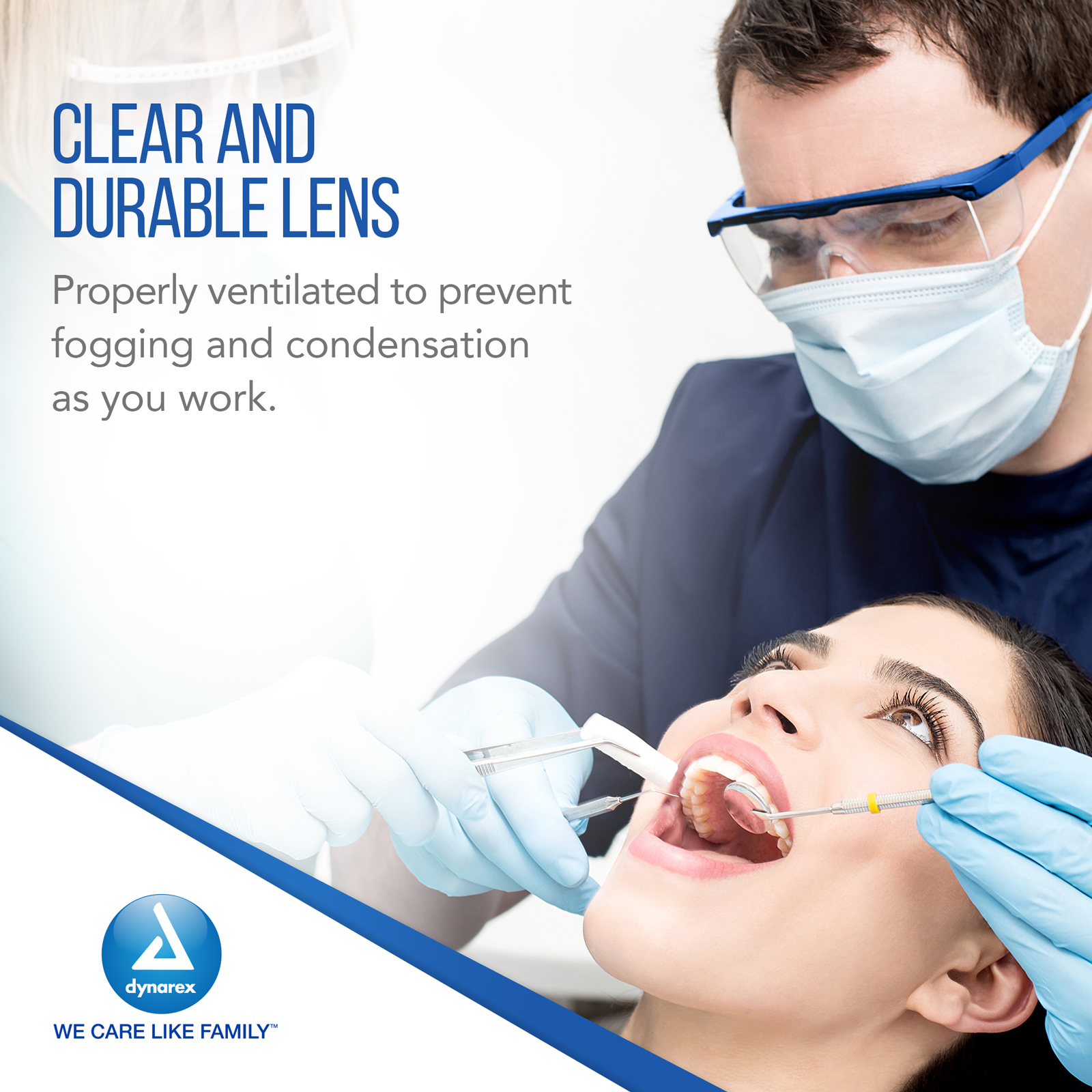 Dynarex Safety Glasses - Eye Protection for Medical, Dental, Lab Use - Shields Eyes From Dust, Chemical & Particles - Wraparound Frames, Wide-View Optical Lens, Short Side Shields - Blue, 50-Count