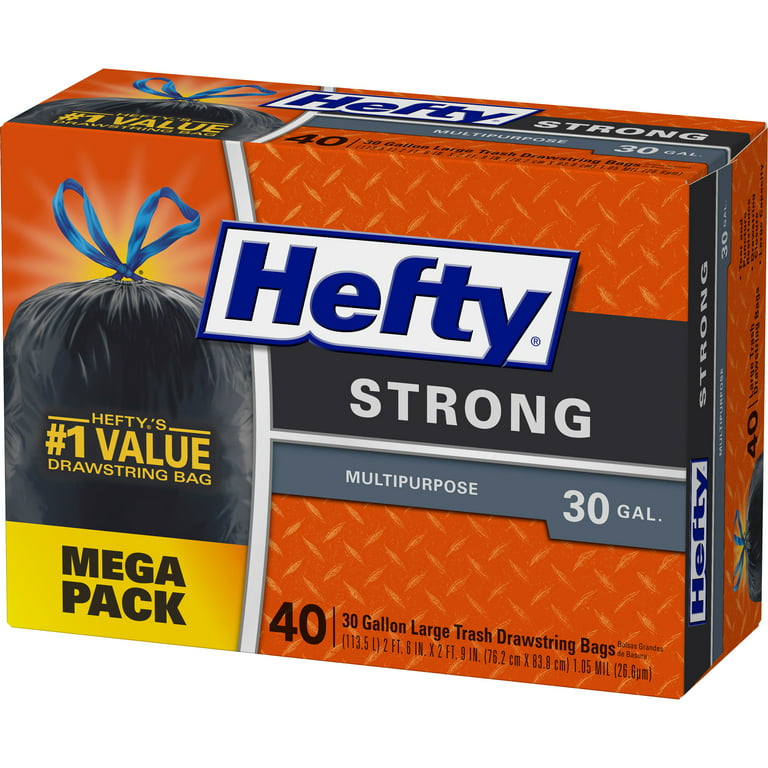 Hefty Strong Large Multi-Purpose Trash Bags, 30 Gallon, 40 Bags (drawstring), Men's, Size: 1 Pack, Black