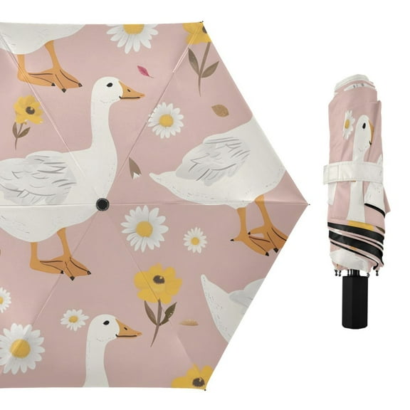 Cute Goose Flowers All Weather Umbrella Triple Folding Parasol 6 Ribs UV Protection Portable