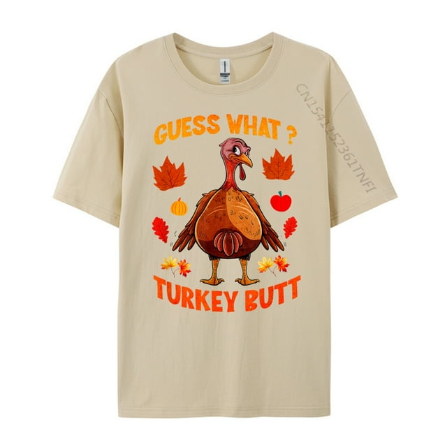 Funny Guess What Turkey Butt Thanksgiving Print Men's Cotton Short Sleeve Crew Neck T-Shirt