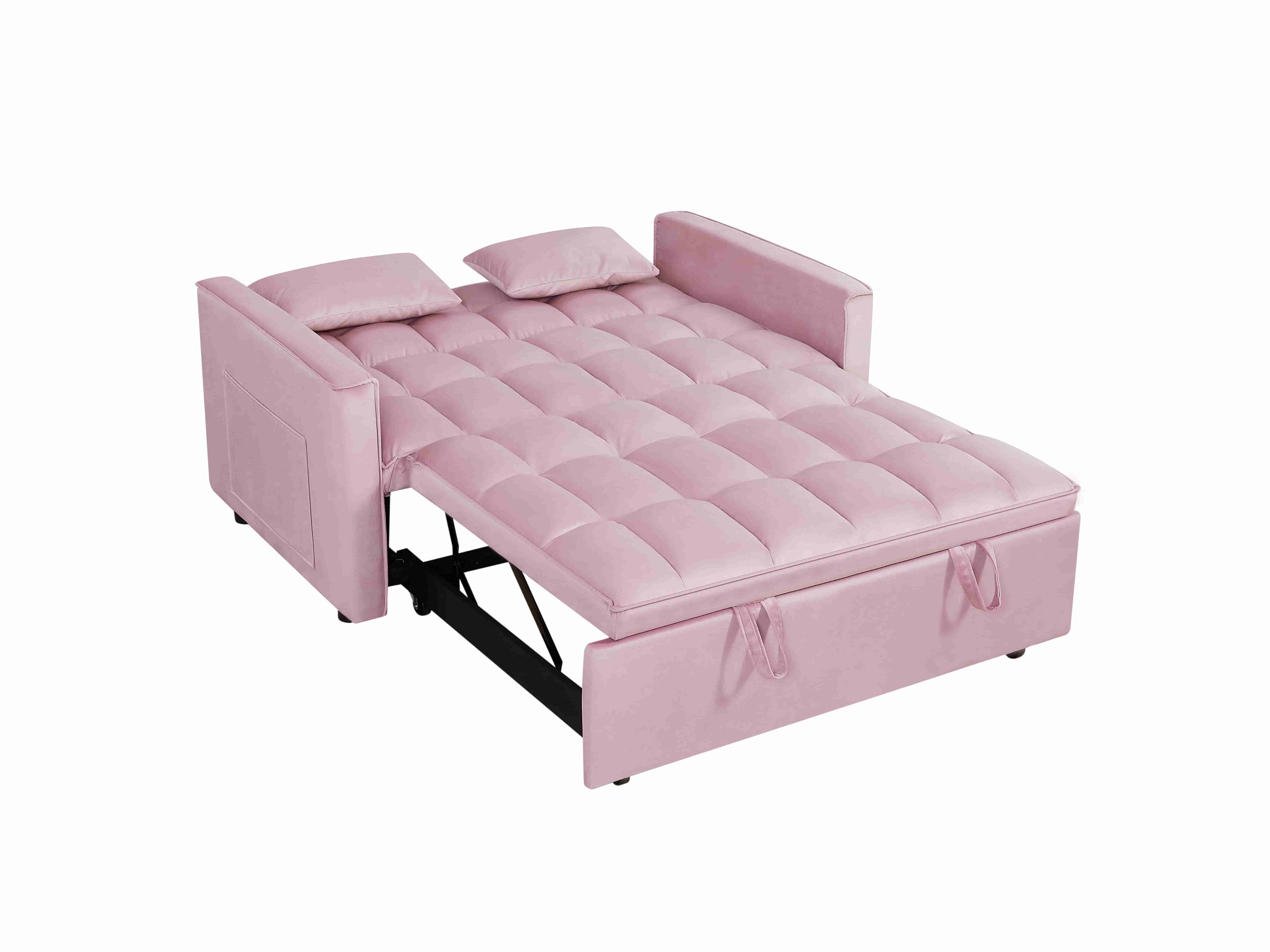 BSHTI 54-inch Pull-out Sleeper Sofa Bed, Velvet Upholstery, Solid Wood Frame, 3-Angle Adjustable Backrest, Storage Side Pocket, Twin-Size Bed, Pink