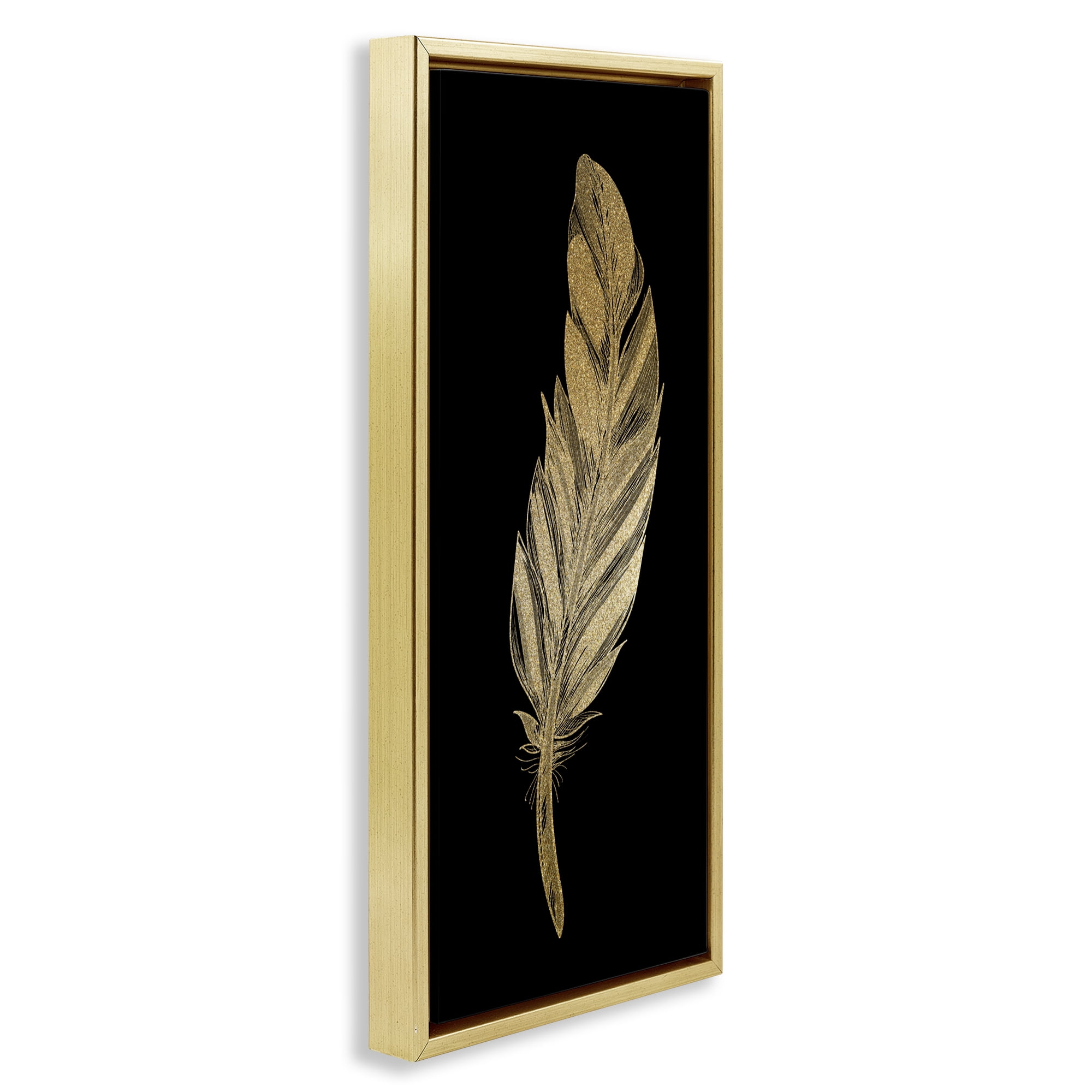 Glam Feather Black & Gold Gold Framed Floater Canvas Wall Art, design by Kim Allen