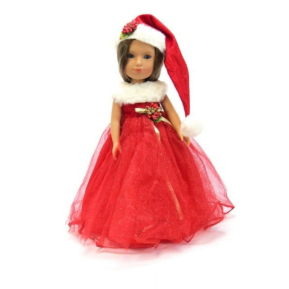 American Fashion World Sparkle Holly Christmas Dress with Hat Made for 14 inch Dolls