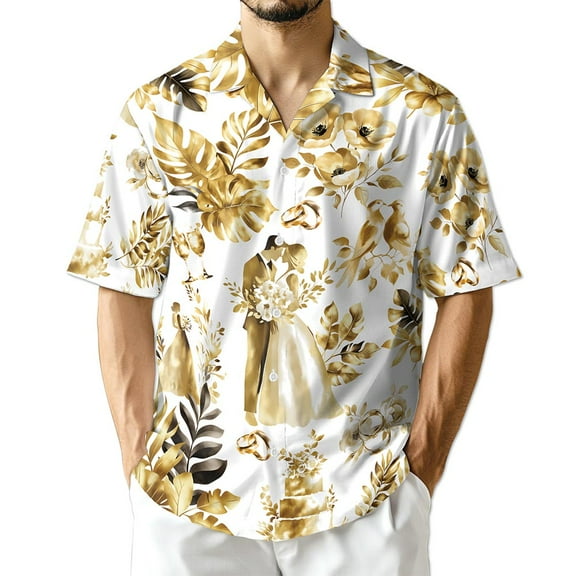 Netecom Wedding Engraved Hawaiian Shirt for Men, Tropical Style, Button Down Summer Beach Short Sleeve, S-5XL