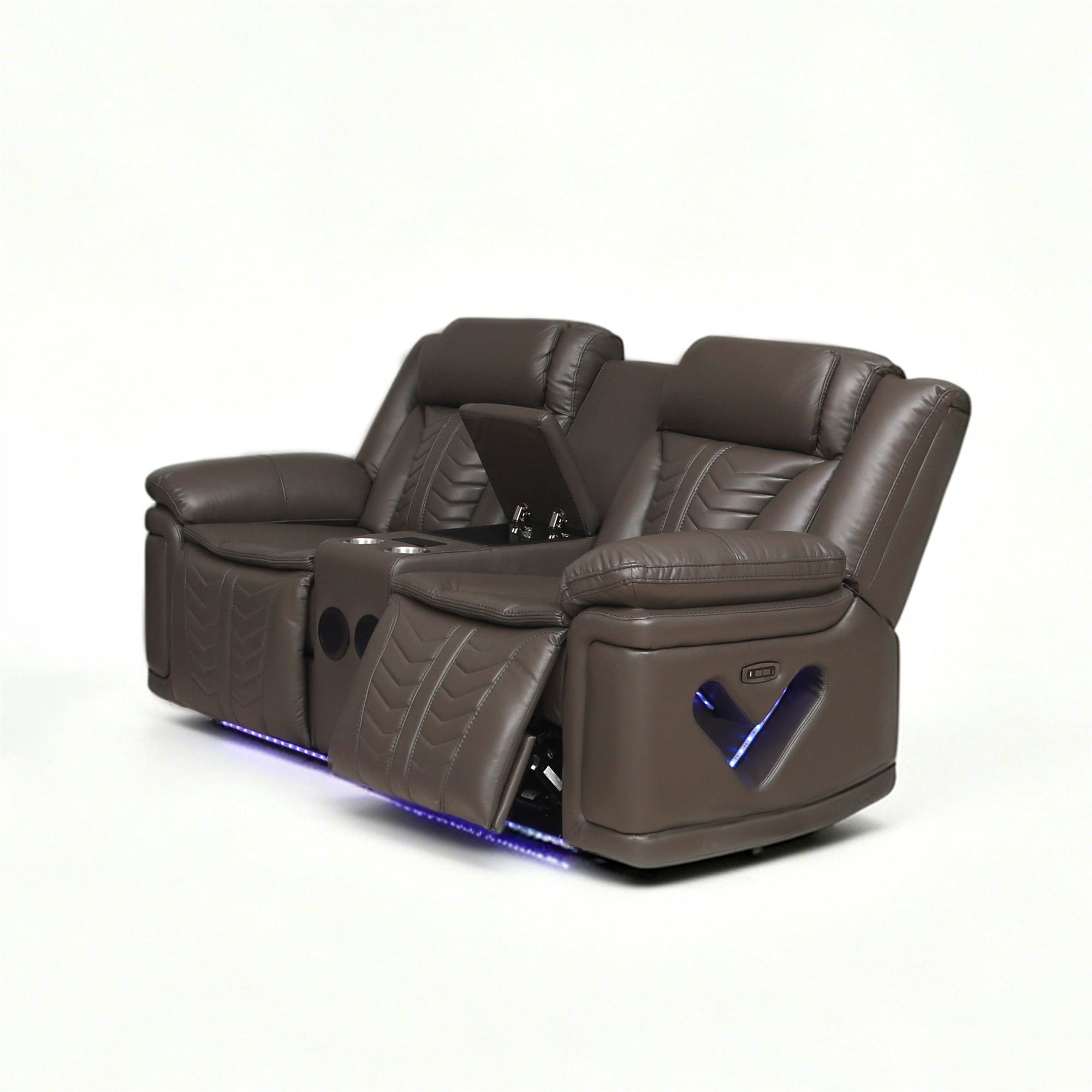Electra Luxury Power Reclining Loveseat - Dark Brown Faux Leather Motion Console Couch with Built-In Bluetooth Speakers, Storage, Cup Holders, and Cinematic LED Lighting