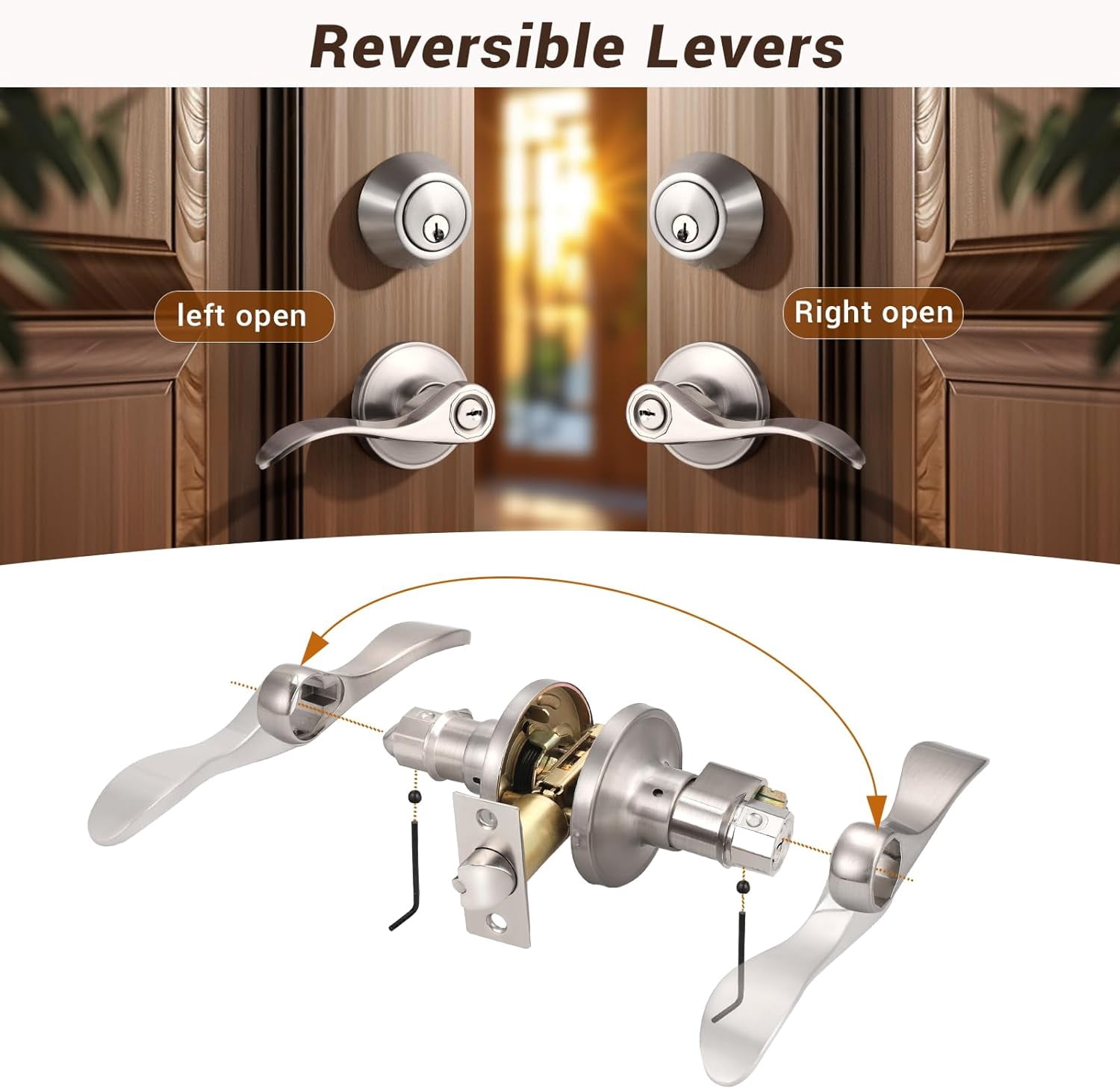 2 Sets of Front Exterior Door Knob Set with Single Cylinder Deadbolts in Satin Nickel Finish, All Keyed Same Combo Pack, Wave Style Entry Door Lever Locks with Combinations