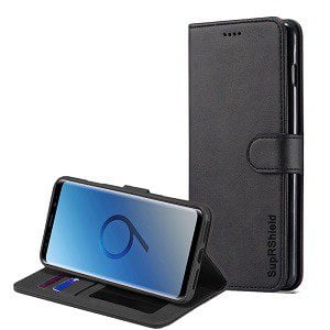 Samsung Galaxy S9 Plus Portefeuille SupRShield en Cuir Noir avec Support Magnétique