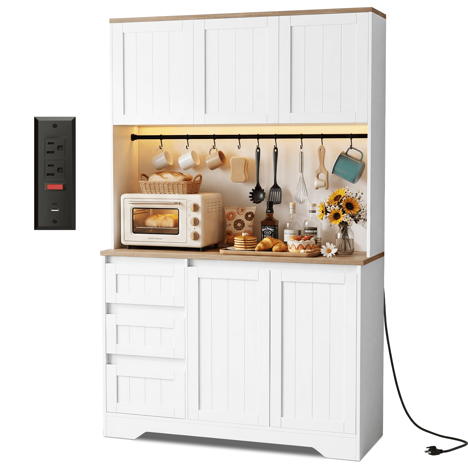 Netraty 71" Pantry Cabinet with Charging Station, Large Capacity Kitchen Hutch Storage Cabinet, Kitchen Cabinet with Microwave Stand, Storage Drawers & Adjustable Shelves for Dining Room, White