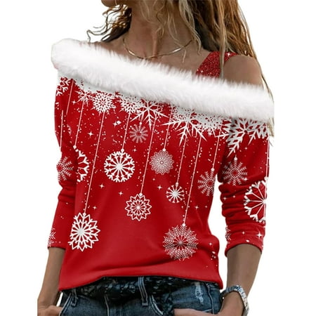 

Mosey Women Christmas Top Hollow Out One Shoulder Shiny Sequin Long Sleeve Snowflake Print Thick Warm Pullover Color Matching Lady New Year Party Top