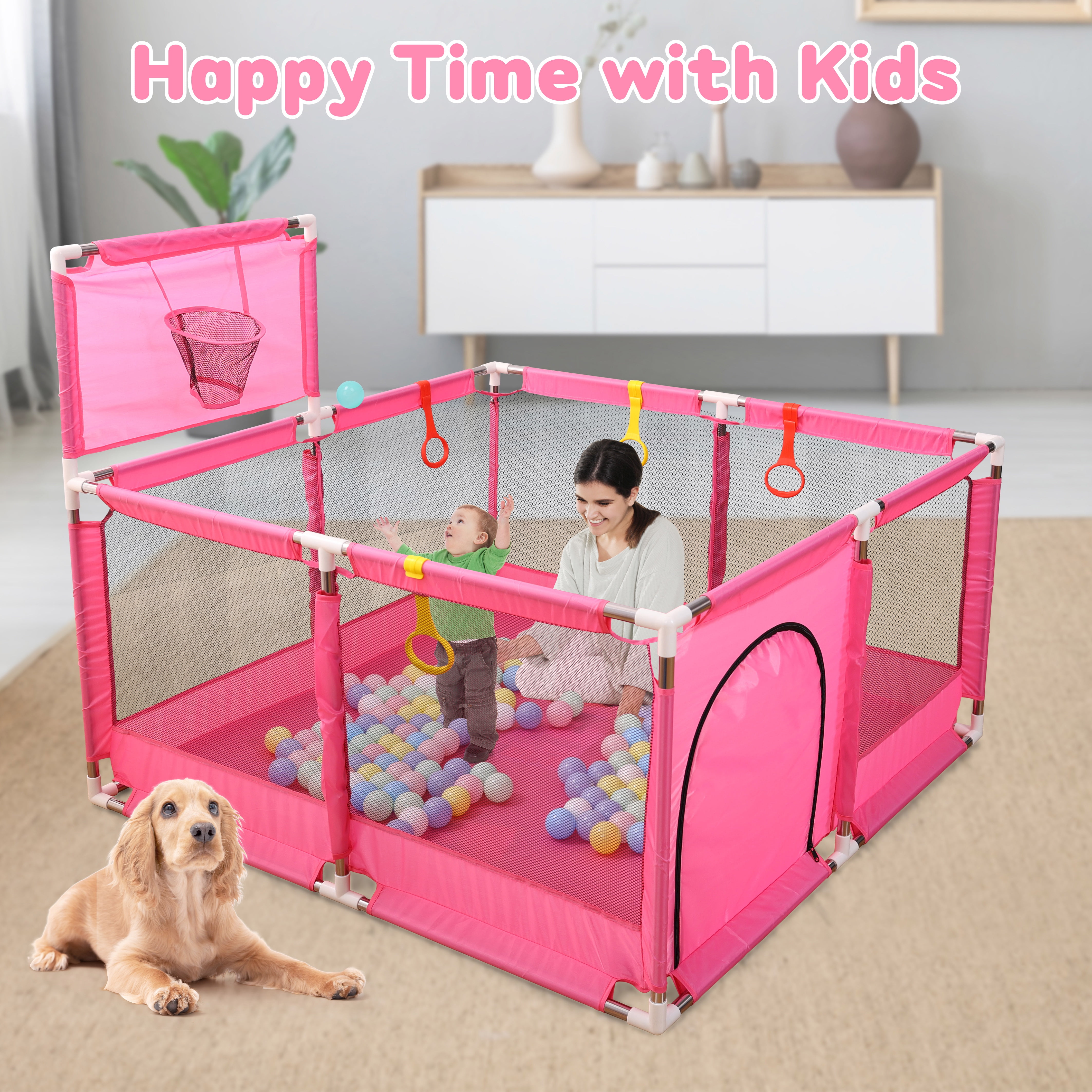 JoyStone 50 x 50 Baby Playpen with 30 Ocean Balls, Soft Mesh Sides, Basketball Hoop & Pull Rings, Indoor Baby Fence for Toddlers, Pink