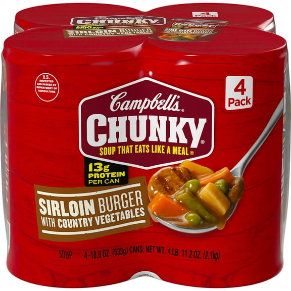 (4 Pack) Campbell’s Chunky Soup, Ready to Serve Sirloin Burger With Country Vegetable Beef Soup, 18.8 Oz Can