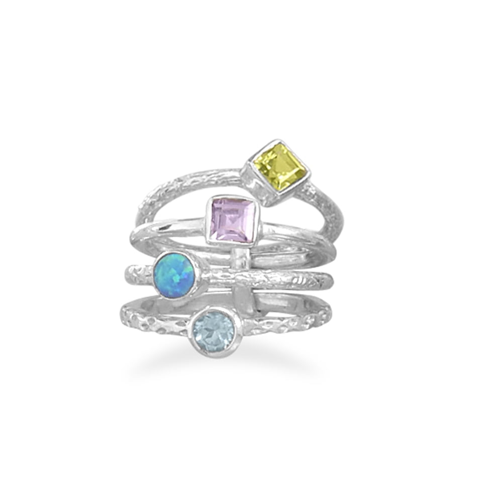 Stackable Ring set with Amethyst, Topaz, Peridot, and Synthetic Blue Opal by unknown