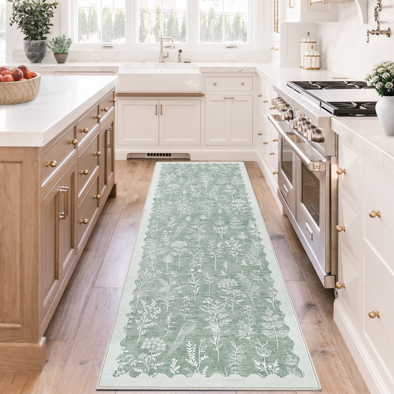 FairOnly Light Green 2'x 6'Washable Runner Rugs for Kitchen Modern Flower Low Pile Bordered Print Rug for Entrance Hallway