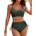 thumbnail image 2 of MIXUE Swim Suits for Women Solid Color High Waisted Bikini Sets for Women Drawstring Crisscross Tie Back Swimwears Bathing Suits,Green,L, 2 of 6