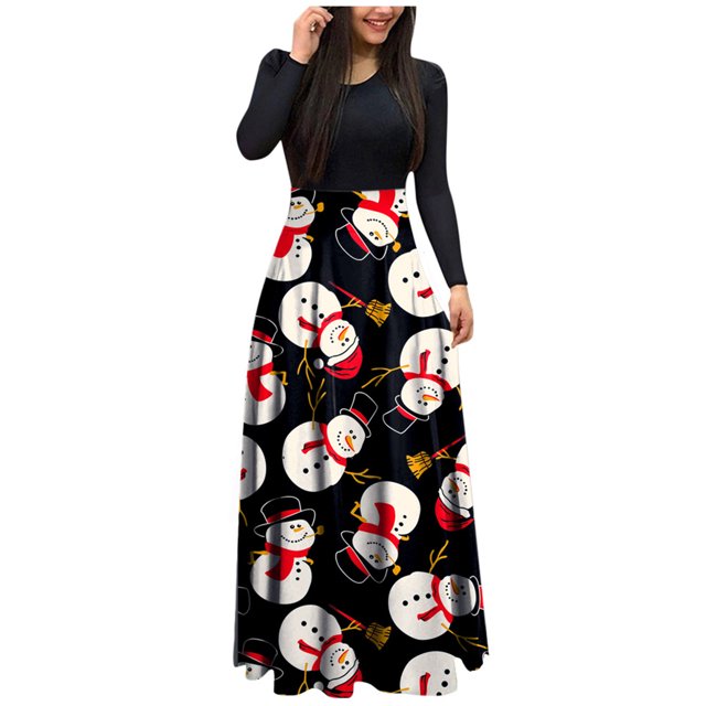 Vestido de manga larga para mujer Vestido largo de cintura alta con estampado de cuello redondo de Navidad Vestido de noche de fiesta informal Fridja nbo1836