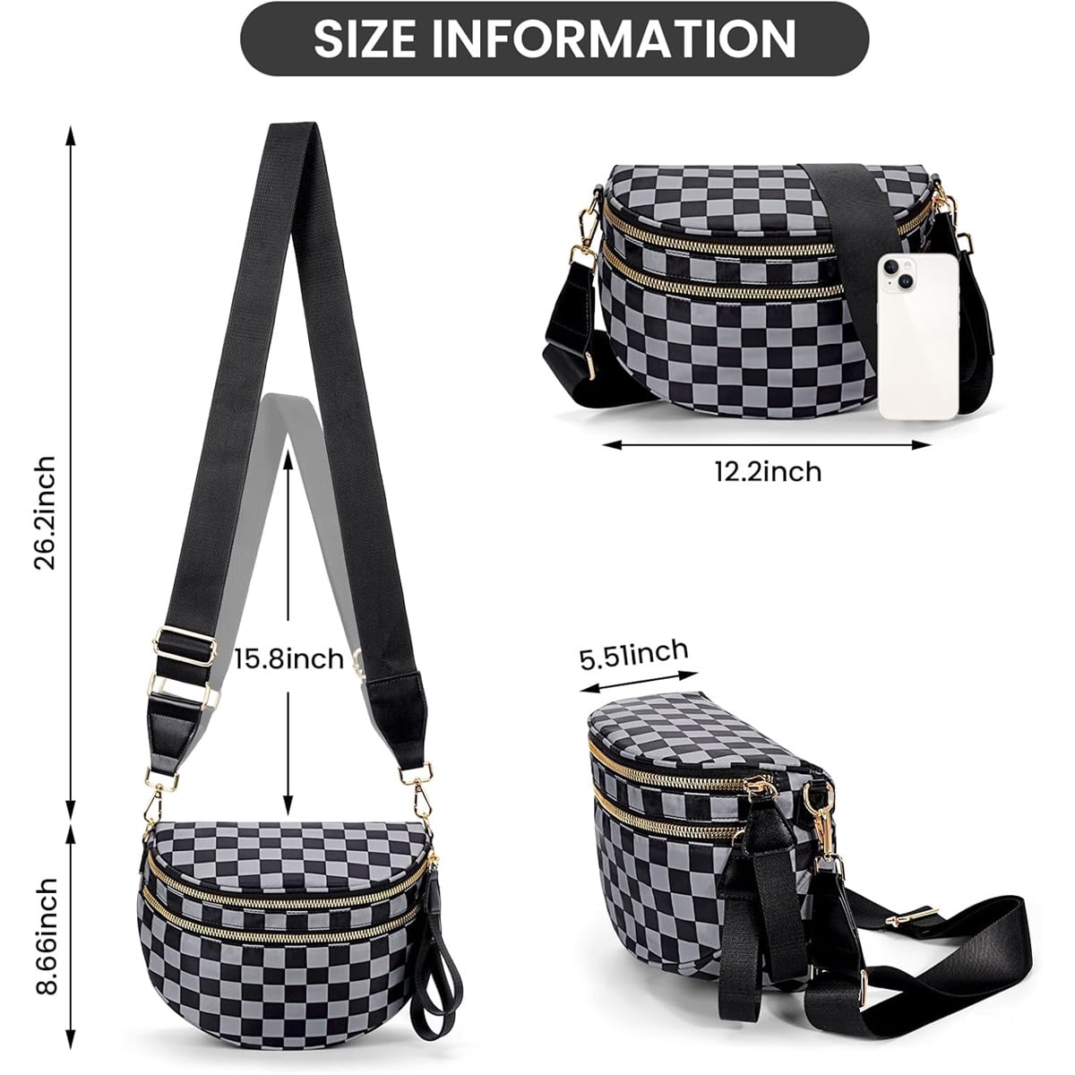 Luxury Checkered Crossbody Bag,Spacious Bum Bags for Women Nylon Crossbody Fanny Packs Checkered Purse Belt Wallet
